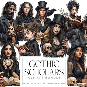 Gothic Gelehrte Clipart Bundle, Dark Academia Figuren, viktorianische intellektuelle Mädchen, Aquarell Charaktere, Bücherwurm Ästhetik PNG Kunstwerk