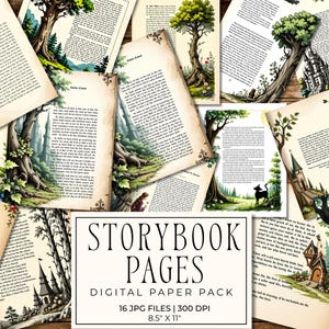 Puede incluir: Una colección de páginas de cuentos de estilo vintage con ilustraciones de castillos, árboles y bosques. Las páginas están dispuestas en un diseño disperso, con el texto "STORYBOOK PAGES" y los detalles del producto visibles. Cada página mide 21,59 cm x 27,94 cm.