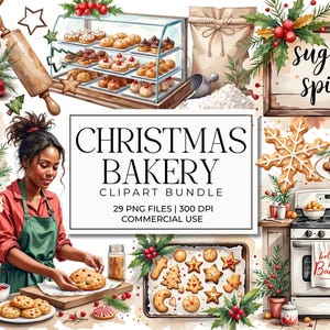 Könnte beinhalten: Aquarell-Illustration einer Weihnachtsbäckerei-Szene. Enthält eine Frau, die Kekse backt, Backwaren, eine Vitrine, einen Herd und den Text "Christmas Bakery Clipart Bundle". Festliches Urlaubsthema.