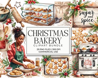 May include: Watercolor illustration of a Christmas bakery scene. Includes a woman baking cookies, baked goods, a display case, a stove, and the text "Christmas Bakery Clipart Bundle". Festive holiday theme.