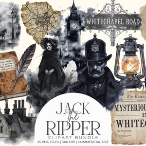 Pacote de Cliparts de Jack, o Estripador | PNGs de Crimes Reais, Objetos Góticos Vitorianos de Londres | Cidade Nebulosa, Jornal, Gráficos Vintage de Mistério de Assassinato
