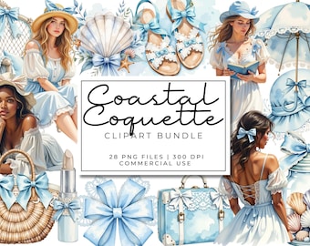 Coastal Coquette Clipart Bundle | Soft Beach Aesthetic PNGs | Blue Ocean Pearls, Bows, Shells & Feminine Digital Art Graphics | Girly Summer