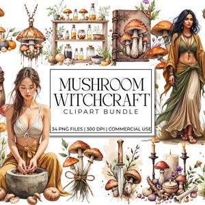 Mushroom Witchcraft Clipart, Dark Fairy Forest Witches, Trippy Fungal Ritual Objects, Earthy Witchcore Magic PNG, Spore Witch Graphics