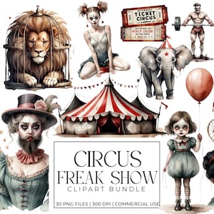 Circus Freak Show Clipart Bundle | Vintage Circus Oddities PNGs | Gothic Freak Show Art | Tattooed Man, Bearded Lady, Creepy Clown Graphics