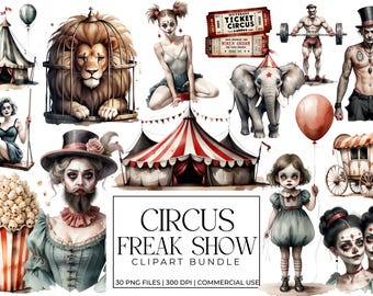 Circus Freak Show Clipart Bundle | Vintage Circus Oddities PNGs | Gothic Freak Show Art | Tattooed Man, Bearded Lady, Creepy Clown Graphics