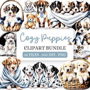 Pacchetto di clipart di cuccioli accoglienti / Cani carini e cuccioli coccolosi PNG / Grafica adorabile di cani / Materiale stampabile per la cameretta dei cuccioli / Diario spazzatura / Album di ritagli