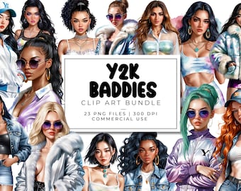 Y2K Baddies クリップアートバンドル | レトロでキュートな女の子の PNG 画像 | 2000 年代ファッションの美的グラフィック | ステッカー、プランナー、エフェメラ用の Digital Diva アート