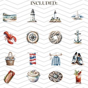 Coastal New England Clipart Bundle | Nautical Summer Aesthetic PNGs | Lobster, Lighthouse, Cape Cod, Ocean Seaside Digital Art Graphics image 2