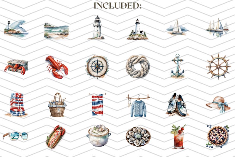 Coastal New England Clipart Bundle | Nautical Summer Aesthetic PNGs | Lobster, Lighthouse, Cape Cod, Ocean Seaside Digital Art Graphics image 2