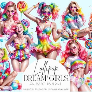 Pode incluir: Um pacote de clipart digital com ilustrações de mulheres com cabelos e roupas coloridas, segurando pirulitos. As imagens têm um esquema de cores vibrantes do arco-íris. O texto na imagem diz "Lollipop Dream Girls Clipart Bundle".