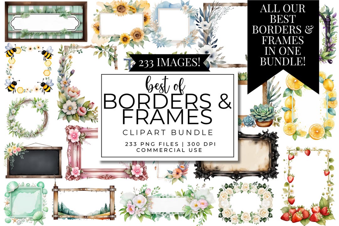 Borders & Frame Clipart Bundle | 233 PNG Rustic, Coquette, Gothic ...