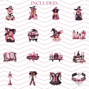 May include: A set of 20 digital illustrations featuring pink and black witches, potions, candles, books, and other magical items.  The illustrations are in a whimsical style and would be perfect for use in scrapbooking, card making, or other creative projects.