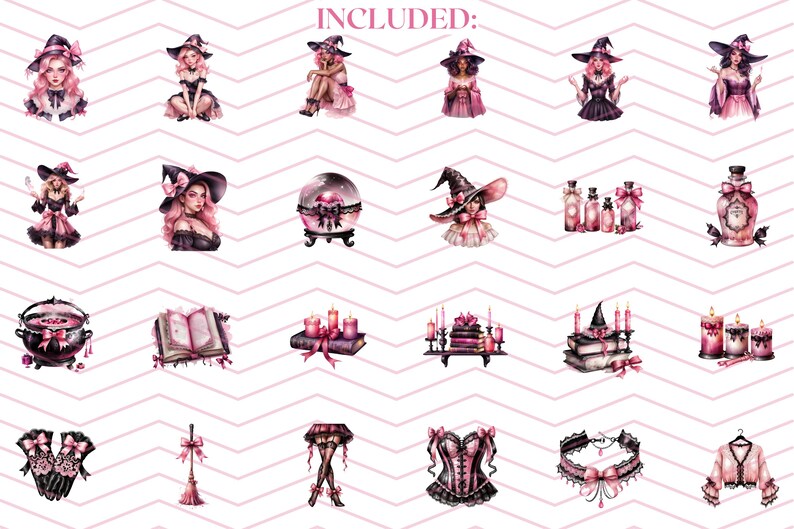 May include: A set of 20 digital illustrations featuring pink and black witches, potions, candles, books, and other magical items.  The illustrations are in a whimsical style and would be perfect for use in scrapbooking, card making, or other creative projects.