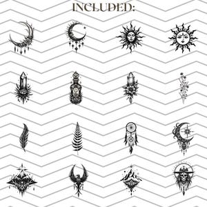 May include: Black and white illustrations of celestial and nature-inspired designs, including moons, suns, crystals, and a butterfly. The word "INCLUDED:" is at the top. The images are arranged on a white background with a gray zigzag pattern.
