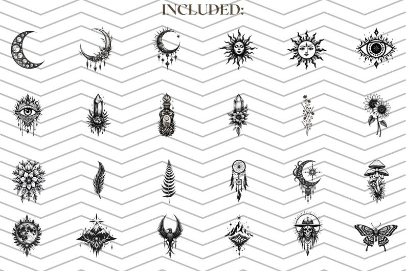 May include: Black and white illustrations of celestial and nature-inspired designs, including moons, suns, crystals, and a butterfly. The word "INCLUDED:" is at the top. The images are arranged on a white background with a gray zigzag pattern.