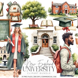 May include: A digital clipart collection featuring university-themed illustrations including a graduate in a cap and gown, a student with a backpack, brick campus buildings, a chalkboard with math equations, a globe, books, and a coffee cup.