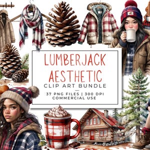 Lot de cliparts esthétiques bûcheron - Fille douillette à carreaux d'hiver, Cabane, Vacances rustiques, Buffalo Check, Graphiques forestiers | Flanelle Hygge PNG