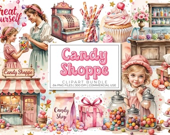 Vintage Candy Shop Clipart Bundle | Retro Pastel Candy Jar Watercolor Illustrations | Nostalgic Sweet Shop Graphics, Scrapbook Ephemera PNGs