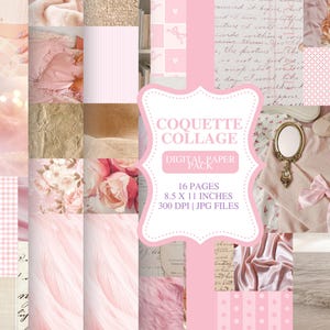 Paquete de papel digital Coquette Collage: Papel de diario basura suave para chica, efímera vintage rosa, papel de scrapbook imprimible en formato JPG.