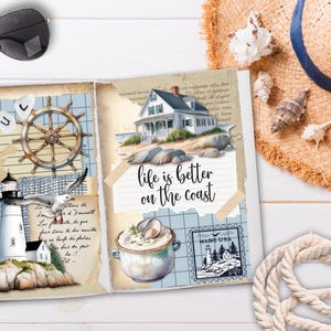 May include: An open scrapbook page featuring nautical illustrations including a lighthouse, a ship wheel, a coastal house, a seagull, and a bowl of clam chowder. The text reads "SOUL" and "life is better on the coast" with a Maine USA postage stamp.