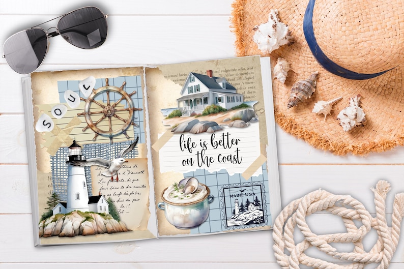 May include: An open scrapbook page featuring nautical illustrations including a lighthouse, a ship wheel, a coastal house, a seagull, and a bowl of clam chowder. The text reads "SOUL" and "life is better on the coast" with a Maine USA postage stamp.