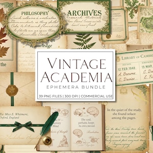 Op de afbeelding: Een collage van vintage ephemera met een academisch thema. Elementen zijn botanische illustraties, handgeschreven notities en verouderde papiertexturen. De centrale tekst luidt "Vintage Academia Ephemera Bundle".