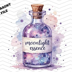 May include: Watercolor illustration of a glass bottle with a cork stopper. The bottle is filled with a galaxy design in shades of purple, blue, and pink. The label reads "moonlight essence". The words "transparent png file" are in the upper left corner.