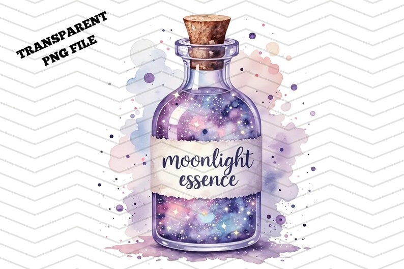 May include: Watercolor illustration of a glass bottle with a cork stopper. The bottle is filled with a galaxy design in shades of purple, blue, and pink. The label reads "moonlight essence". The words "transparent png file" are in the upper left corner.