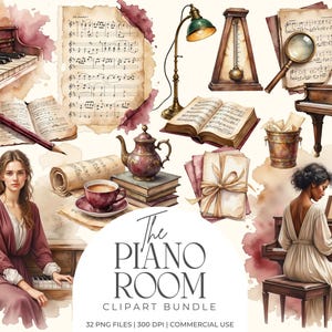 Op de afbeelding: Watercolor clipart bundel met piano's, bladmuziek, boeken en een vrouw die piano speelt. De afbeelding bevat een theepot, een kopje thee en een metronoom. De titel "The Piano Room" wordt weergegeven.