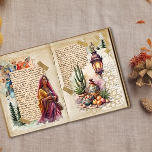 May include: An open book with watercolor illustrations. One page features a woman in a colorful dress, the other a lantern, plants, and fruit. The background is a textured, neutral color.