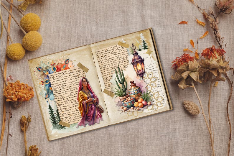 May include: An open book with watercolor illustrations. One page features a woman in a colorful dress, the other a lantern, plants, and fruit. The background is a textured, neutral color.