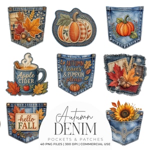 May include: A collection of digital illustrations featuring denim pockets and patches with autumn themes, including pumpkins, maple leaves, squirrels, sunflowers, mushrooms, apple cider, and text reading hello fall and autumn leaves & pumpkin please.