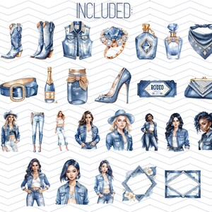 Denim och diamanter Clipart-paket | Western Glam PNGs | Cowgirl-stövlar, hattar, strass, glittriga lantflickgrafik | Scrapbook-ephemera bild 4