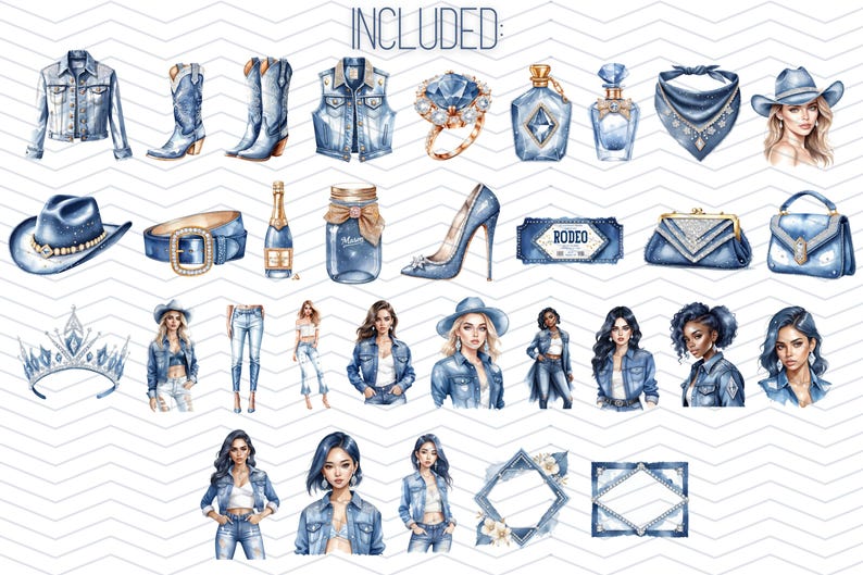 Denim och diamanter Clipart-paket | Western Glam PNGs | Cowgirl-stövlar, hattar, strass, glittriga lantflickgrafik | Scrapbook-ephemera bild 4