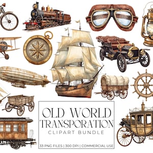 Op de afbeelding: Watercolor clipart bundel met illustraties van vintage transport. Inclusief een motorfiets, trein, dubbeldekker, kompas, zeilboot, luchtschip, auto, wagen, scheepsstuur, koets en meer. De tekst luidt "Old World Transportation Clipart Bundle".