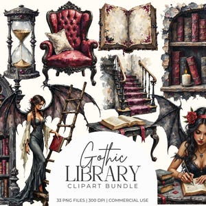 Może przedstawiać: Akwarelowa ilustracja pakietu clipartów Gothic Library. Obraz przedstawia kolekcję książek, klepsydrę, czerwony fotel, schody i kobietę ze skrzydłami nietoperza. Tekst "Gothic Library Clipart Bundle" jest również dołączony.