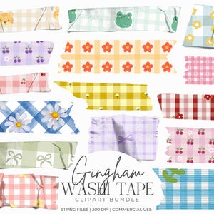 May include: A collection of decorative washi tape strips with various patterns. Designs include gingham, floral, and fruit motifs in pastel colors. The text "Gingham Washi Tape Clipart Bundle" is also visible.