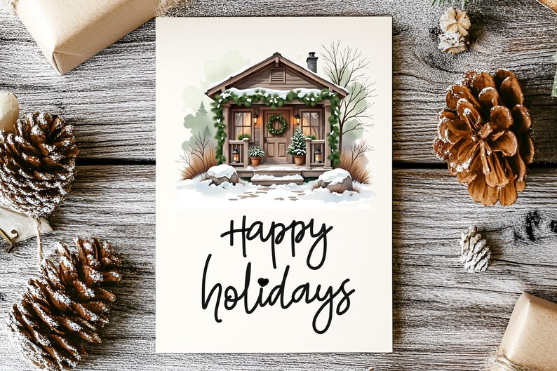 Puede incluir: Una tarjeta de felicitaci&oacute;n rectangular con una ilustraci&oacute;n de una caba&ntilde;a de madera marr&oacute;n decorada con guirnaldas verdes y una corona, rodeada de nieve. El texto Happy holidays est&aacute; impreso en cursiva negra bajo la ilustraci&oacute;n.