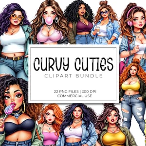 Pode incluir: Um pacote de clip art digital intitulado "Curvy Cuties" com ilustrações de mulheres diversas em várias roupas. A imagem inclui texto indicando 22 arquivos PNG a 300 DPI para uso comercial. As mulheres são retratadas em um estilo de desenho animado.
