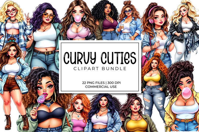 以下が含まれることがあります： 「Curvy Cuties」というタイトルのデジタルクリップアートバンドル。さまざまな衣装を着た多様な女性のイラストが特徴です。画像には、商用利用向けの22個のPNGファイル（300 DPI）を示すテキストが含まれています。女性は漫画のスタイルで描かれています。