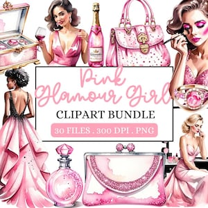 Paquete de imágenes prediseñadas de chica glamorosa rosa, imágenes prediseñadas de moda rosa, planificador rosa PNG, diario basura de moda, álbum de recortes digital, uso comercial