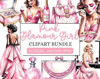 Paquete de imágenes prediseñadas de chica glamorosa rosa, imágenes prediseñadas de moda rosa, planificador rosa PNG, diario basura de moda, álbum de recortes digital, uso comercial