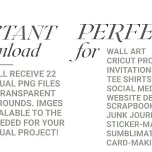 以下が含まれることがあります： 「INSTANT download」と「PERFECT for」の文字と、クリエイティブなプロジェクトのアイデアのリストが書かれたテキストグラフィック。個々のプロジェクトに合わせてスケーラブルな、透明な背景を持つ22個のPNGファイルが約束されています。