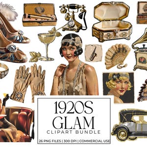 1920s Glam Clipart Bundle, 1920s Party Clip Art, 20s PNG Images, Flapper Girl Graphics, Prohibition Scrapbooking Stickers, Commercial Use