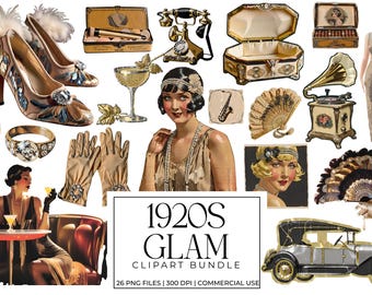 1920s Glam Clipart Bundle, 1920s Party Clip Art, 20s PNG Images, Flapper Girl Graphics, Prohibition Scrapbooking Stickers, Commercial Use