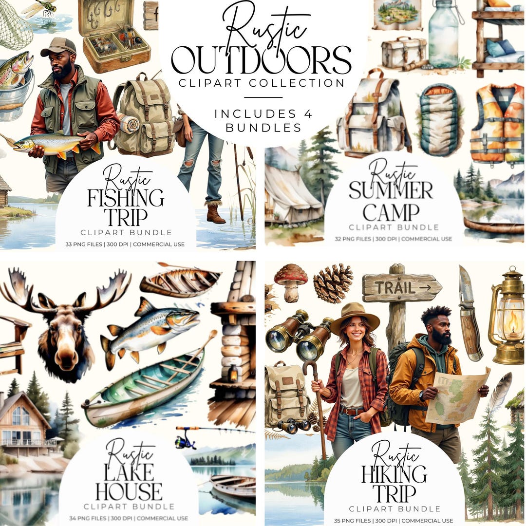 Rustic Backpacking Look Rustic Outdoors Clipart Collection – Lake House, Summer Camp, Fishing ...