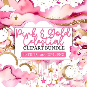 May include: Pink and gold watercolor clipart bundle with clouds, stars, and moons. 30 files, 300 DPI, PNG.