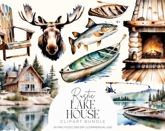 Rustic Lake House Clip Art | Watercolor Cabin Nature PNG | Lodge & Camping Aesthetic| Forest and Lake Graphics | Outdoor Scrapbook