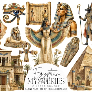 May include: A digital collection of Egyptian-themed illustrations featuring a pharaoh, Anubis, a sphinx, the Eye of Horus, an ankh, a sarcophagus, a pyramid, a temple, and a palm tree, with the text Egyptian Mysteries Clipart Bundle 34 PNG Files.