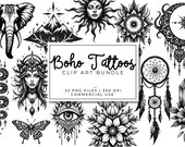Boho Tattoos Clipart Bundle | Line Art Tattoo PNGs | Celestial, Floral, Spiritual Graphics for Sublimation & Stickers | Moon, Sun, Nature